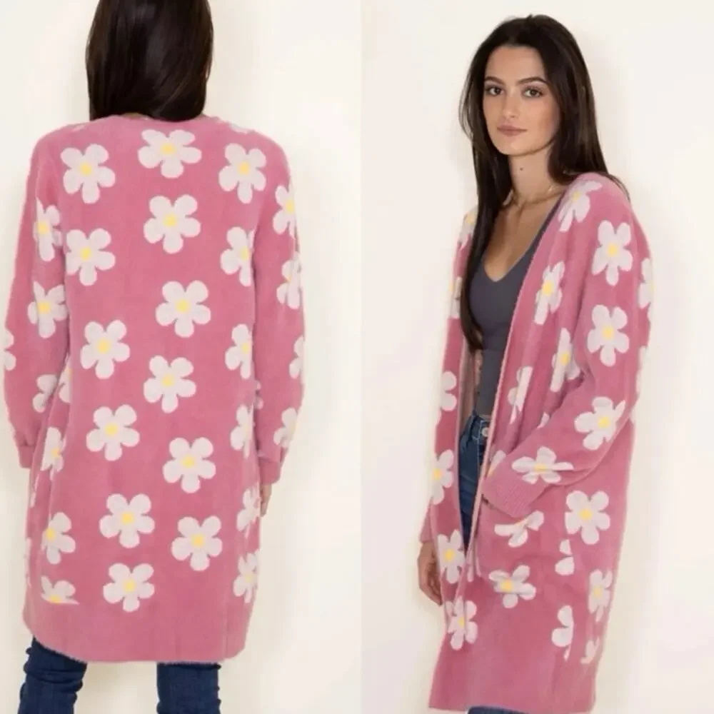Simply Southern‎ Fuzzy Daisy Pink Long Open Front Duster Cardigan Sweater Small